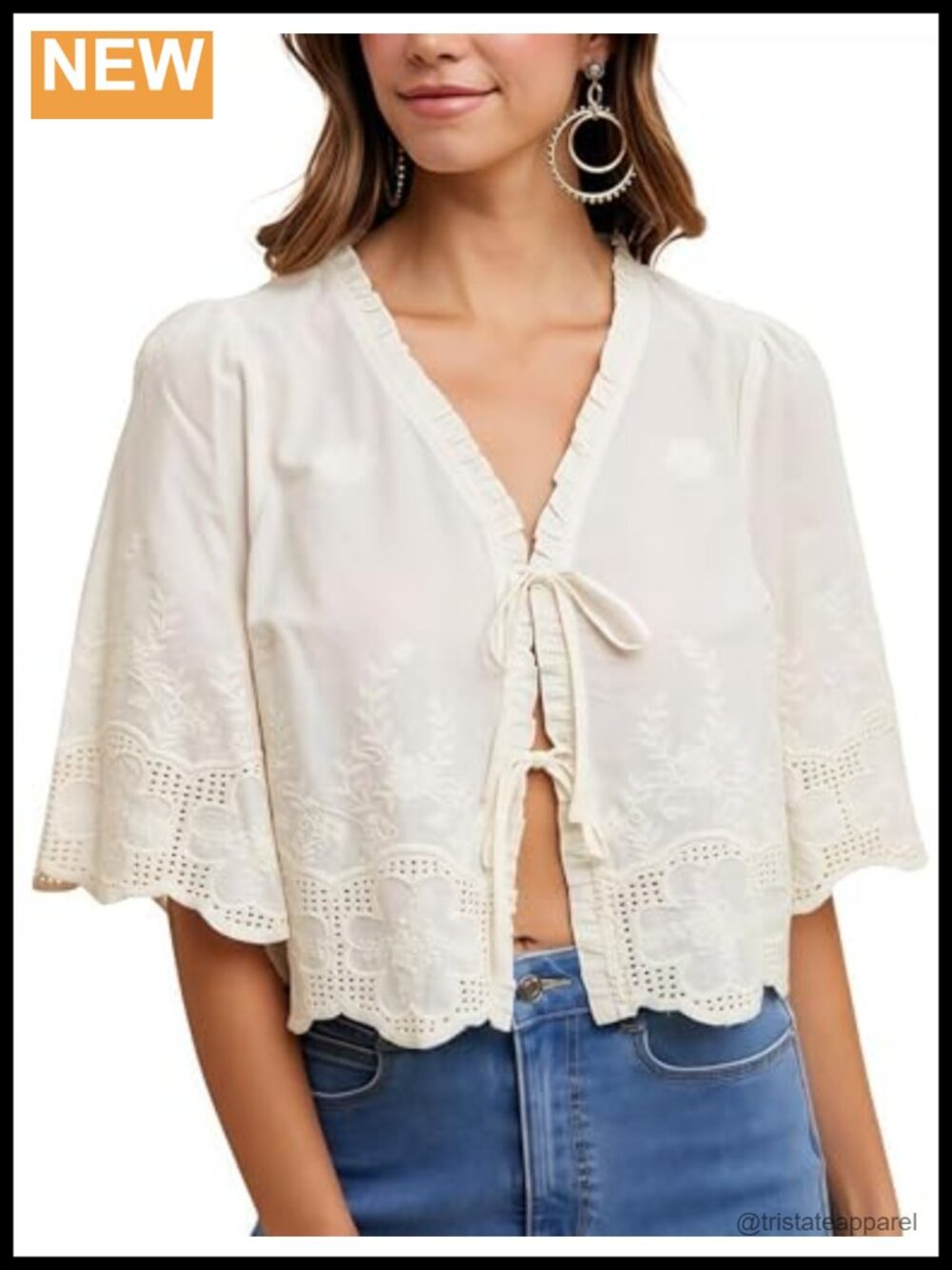 Cotton Embroidered V-Neck Blouse Short Sleeve Scallop Bow Tie
